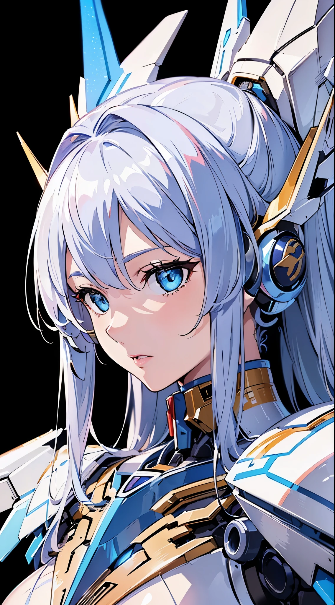 ((Blue shining mechanical eyes:1.3))、((Cyber Headphones:1.3))、((8K)), ((32k)), ((highest quality)), ((masterpiece)), ((超A high resolution)), ((T Masterpiece)), fine skin texture, fine cloth texture, fine metal texture、((beautiful and detailed face))、Raw photo、Professional, Ultra-fine painting, ((solo)), ((Mechaエンジェルに扮した女性)), beautiful breasts, concept art, anime fantasy artwork, detailed fantasy art, (Has pale blue-purple hair and large white mechanical wings.,), (((long hair))), (Mecha:1.6)、Sleek and menacing design, ((Armament of the Supreme Commander-in-Chief)), (perfect robot body)、Pure white and blue-purple armor, symmetrical mechanical wings, 8K high quality detailed art, 3D rendering of character art in 8K, clear legs, defined, defined fingers, NSFW、(((head shot:1.3)))
