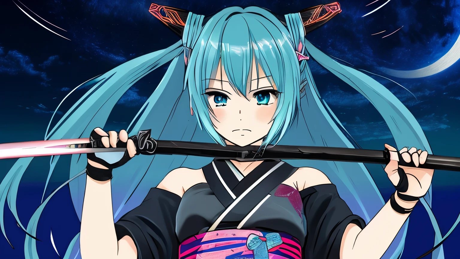 Hatsune Miku, Japan, warrior, bad, Nightcore, kimono, Attention Hands, Olhos Exaltados, sword, Notable developments, High Bed Pose, anime, girl,night sky,Star of the sky,full moon,masterpiece,highest quality