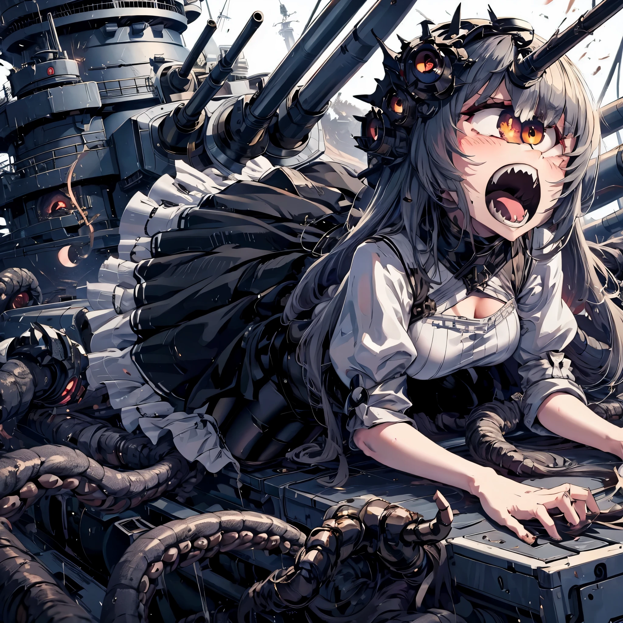 A girl crawling on top of a battleship. Cyclops girl. A turret baring her fangs. latex body suit. abyssal fleet. Tentacles wrapped around the ship.