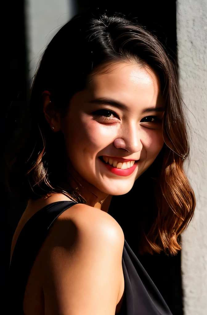 RAW photo, face portrait photo of beautiful 26 y.o woman, cute face, wearing black dress, happy face, hard shadows, cinematic shot, dramatic lighting