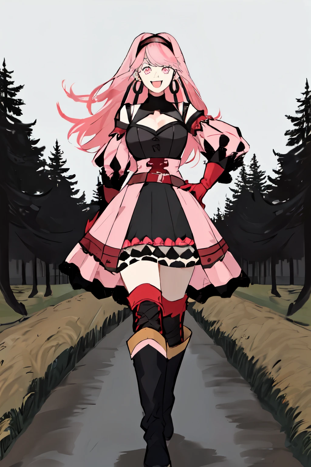 hilda valentine goneril, fire emblem, 1girl, axe, belt, black dress, black hairband, breasts, cleavage, corset, detached sleeves, dress, earrings, gloves, grey background, hairband, hand on hip, holding, holding axe, holding weapon, hoop earrings, jewelry, long hair, looking at viewer, medium breasts, open mouth, pink dress, pink eyes, pink hair, pink sleeves, red belt, red gloves, simple background, smile, solo,  username, two-tone dress, weapon, outdoors, grass, trees, river,

((masterpiece))

