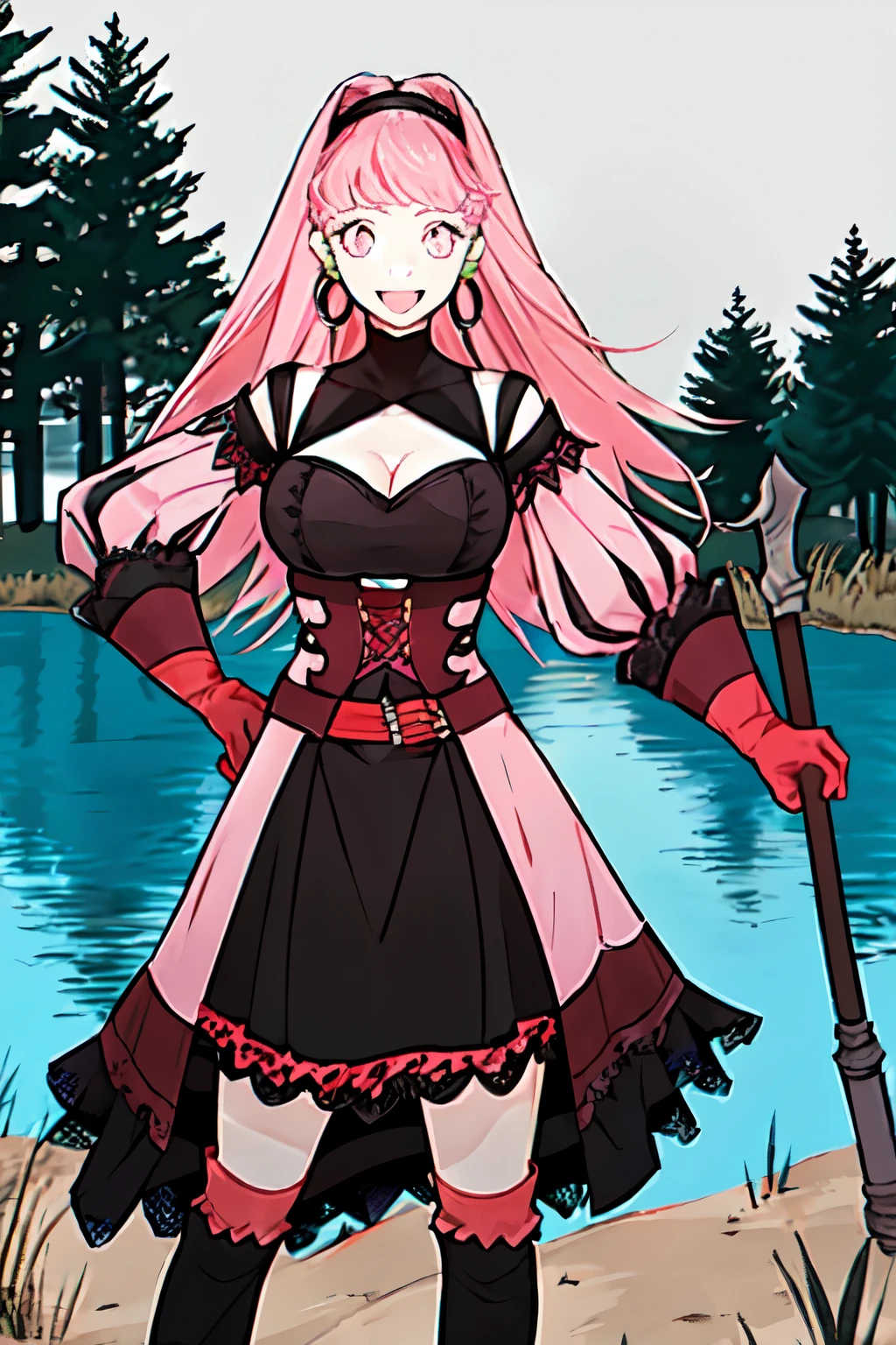 hilda valentine goneril, fire emblem, 1girl, axe, belt, black dress, black hairband, breasts, cleavage, corset, detached sleeves, dress, earrings, gloves, grey background, hairband, hand on hip, holding, holding axe, holding weapon, hoop earrings, jewelry, long hair, looking at viewer, medium breasts, open mouth, pink dress, pink eyes, pink hair, pink sleeves, red belt, red gloves, simple background, smile, solo,  username, two-tone dress, weapon, outdoors, grass, trees, river,

((masterpiece))

