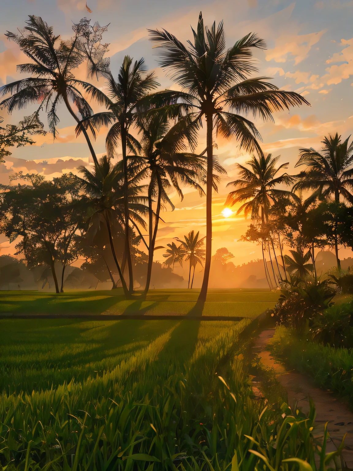 arafed view of a field with palm trees and a sunset, at sunrise, early morning, early morning sunrise, morning sunrise, at dawn, during sunrise, in the early morning, kerala village, mystical setting, sri lankan landscape, malaysia with a paddy field, bali, during dawn, early in the morning, during sunset, morning dawn, early morning light