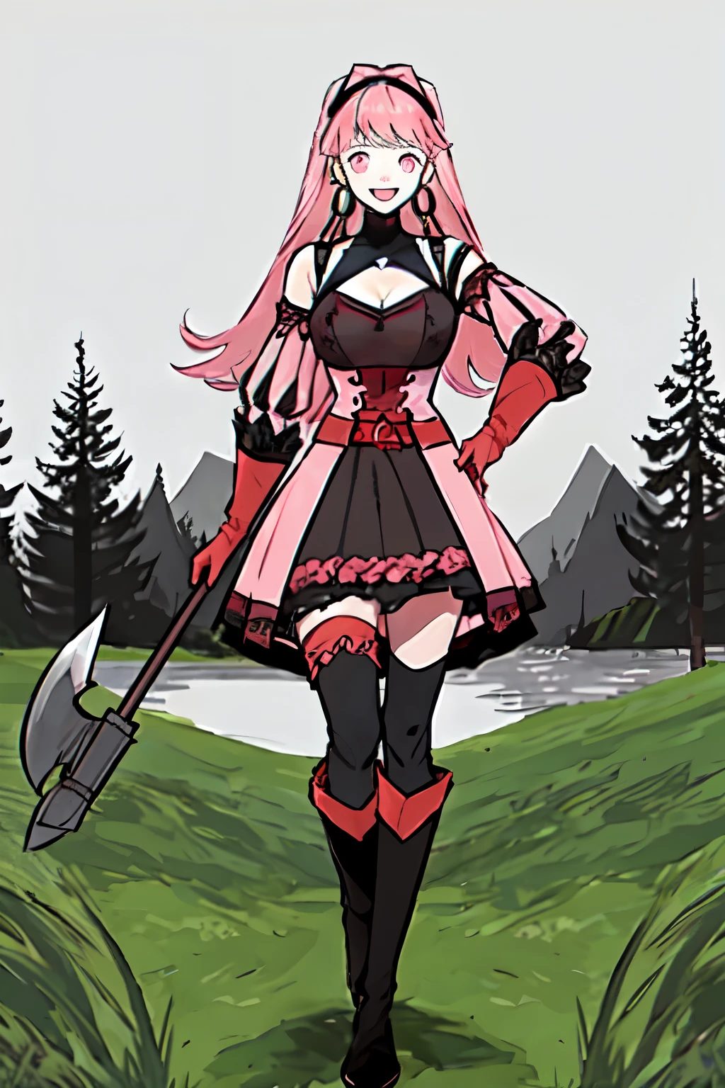 hilda valentine goneril, fire emblem, 1girl, axe, belt, black dress, black hairband, breasts, cleavage, corset, detached sleeves, dress, earrings, gloves, grey background, hairband, hand on hip, holding, holding axe, holding weapon, hoop earrings, jewelry, long hair, looking at viewer, medium breasts, open mouth, pink dress, pink eyes, pink hair, pink sleeves, red belt, red gloves, simple background, smile, solo, username, two-tone dress, weapon, outdoors, grass, trees, river,
((masterpiece))
