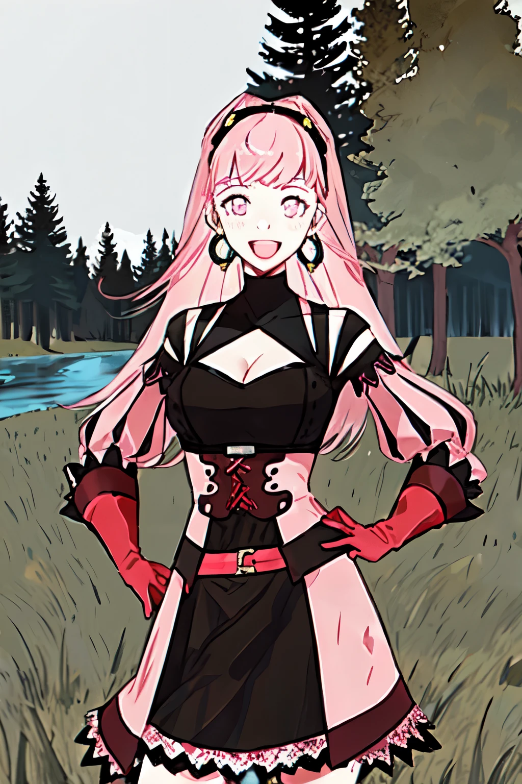 hilda valentine goneril, fire emblem, 1girl, axe, belt, black dress, black hairband, breasts, cleavage, corset, detached sleeves, dress, earrings, gloves, grey background, hairband, hand on hip, holding, holding axe, holding weapon, hoop earrings, jewelry, long hair, looking at viewer, medium breasts, open mouth, pink dress, pink eyes, pink hair, pink sleeves, red belt, red gloves, simple background, smile, solo,  username, two-tone dress, weapon, outdoors, grass, trees, river,

((masterpiece))

