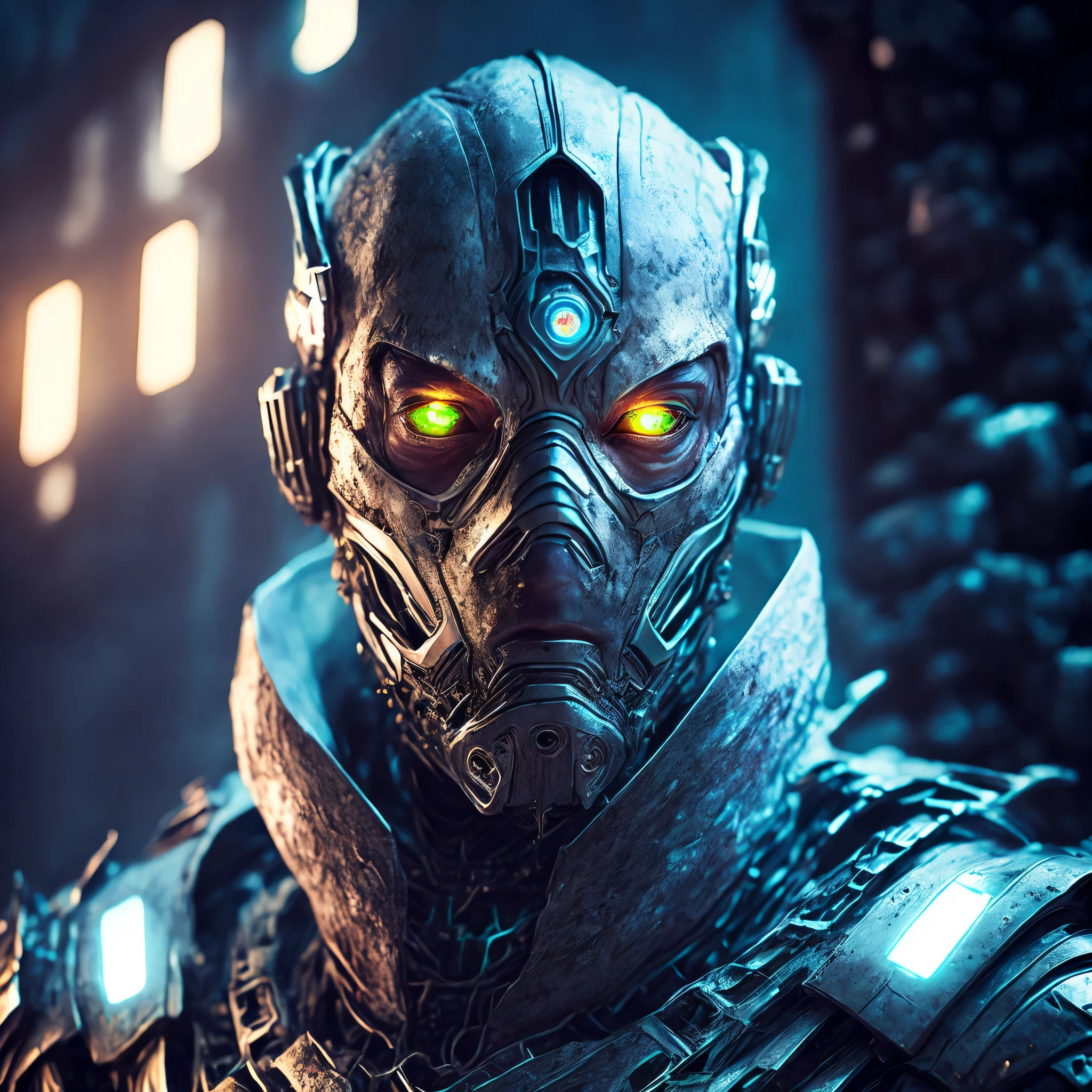 breathtaking cinematic science fiction photo of a portrait of a non human masked Grim wrapped in white chrome metal skin, body full glowing metrics inside, glowing multicoloured eyes, multifaceted eyes, metallic arms, inside a destroyed building, extremely menacing creature, highly detailed, award-winning