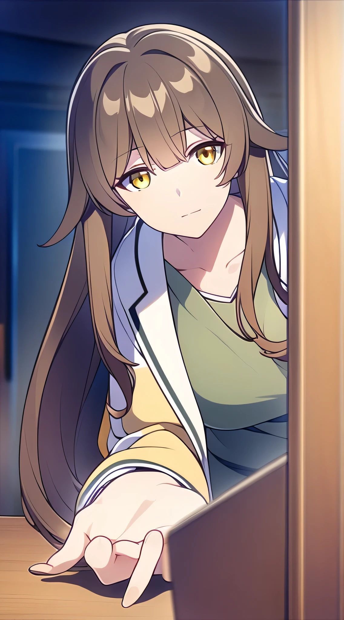 otonari-san, brown hair, long hair, yellow eyes, small breast, laboratory coat, standing, cute smile, visual novel cg style, BREAK looking at viewer, BREAK (masterpiece:1.2), best quality, high resolution, unity' 8k wallpaper, (illustration:0.8), (beautiful detailed eyes:1.6), extremely detailed face, perfect lighting, extremely detailed CG, (perfect hands, perfect anatomy)