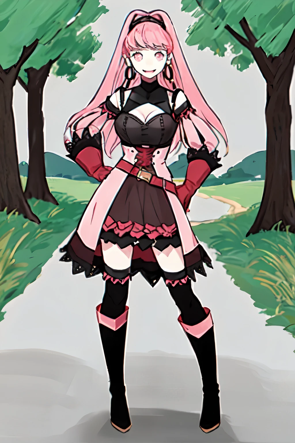 hilda valentine goneril, fire emblem, 1girl, axe, belt, black dress, black hairband, breasts, cleavage, corset, detached sleeves, dress, earrings, gloves, grey background, hairband, hand on hip, holding, holding axe, holding weapon, hoop earrings, jewelry, long hair, looking at viewer, medium breasts, open mouth, pink dress, pink eyes, pink hair, pink sleeves, red belt, red gloves, simple background, smile, solo,  username, two-tone dress, weapon, outdoors, grass, trees, river, (Freikugel)

((masterpiece))

