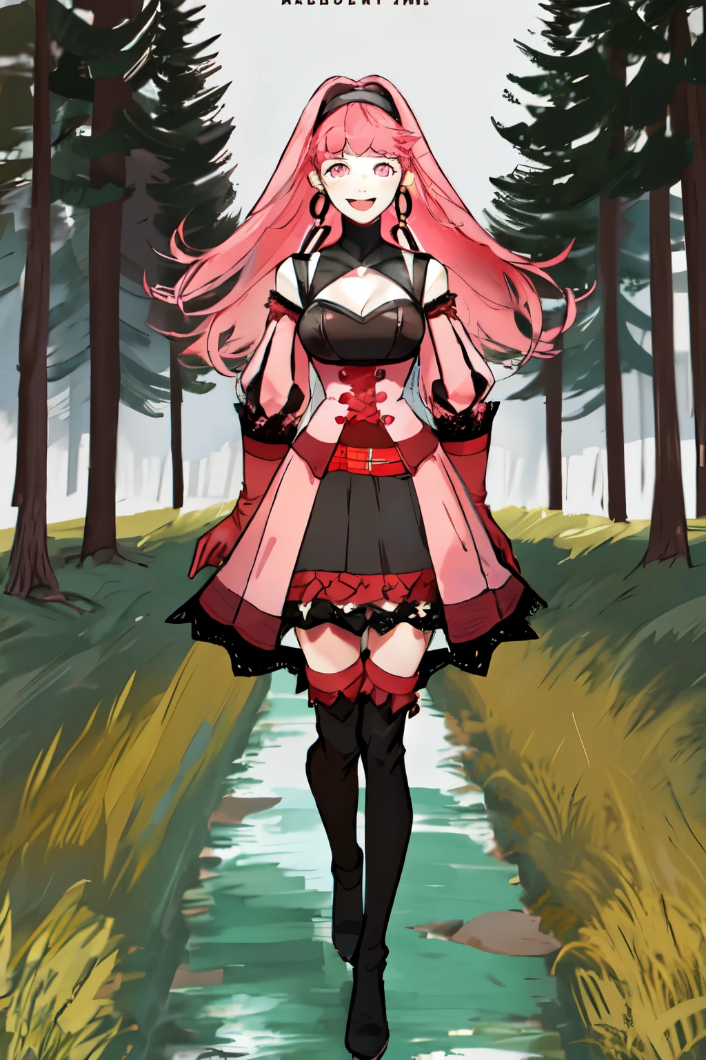 hilda valentine goneril, fire emblem, 1girl, axe, belt, black dress, black hairband, breasts, cleavage, corset, detached sleeves, dress, earrings, gloves, grey background, hairband, hoop earrings, jewelry, long hair, looking at viewer, medium breasts, open mouth, pink dress, pink eyes, pink hair, pink sleeves, red belt, red gloves, simple background, smile, solo,  username, two-tone dress, weapon, outdoors, grass, trees, river, ((masterpiece))

