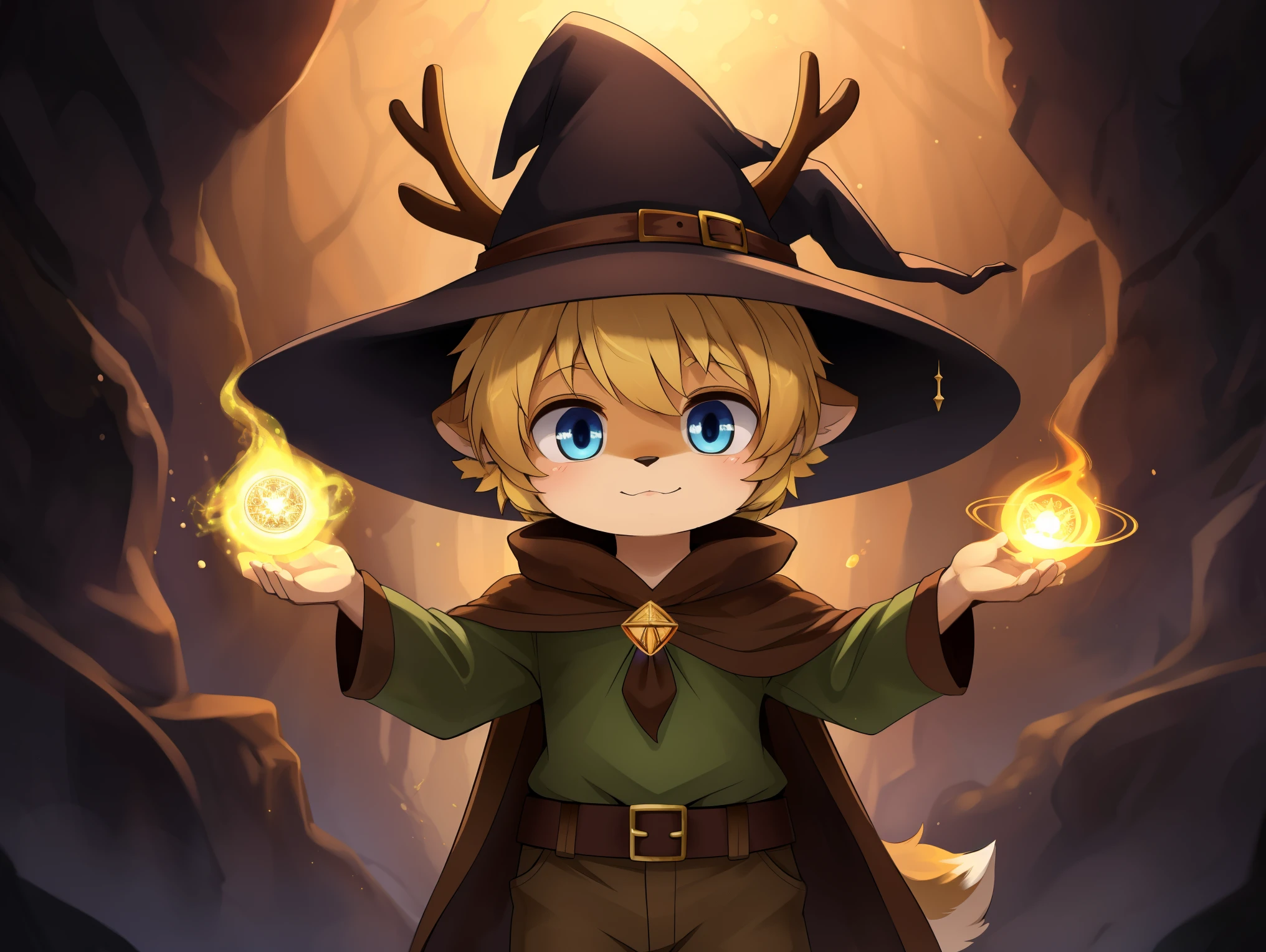 deer, solo, young, cub, chibi, (blue eyes), ((large witch hat)), ((brown hat)), ((brown cloak)), (long green tunic), (blonde hair), (short hair), short deer tail. ((light brown body)), (short brown antlers), short snout, ((canine penis)), ((knot)), balls, standing, dynamic pose, ((magical background)), Very good figure, best quality, highres, 16k, Natural soft light, Tyndall effect, Advanced film lighting, Unreal Engine5, Extremely realistic, A high resolution, perfect masterpiece, high quality, high resolution