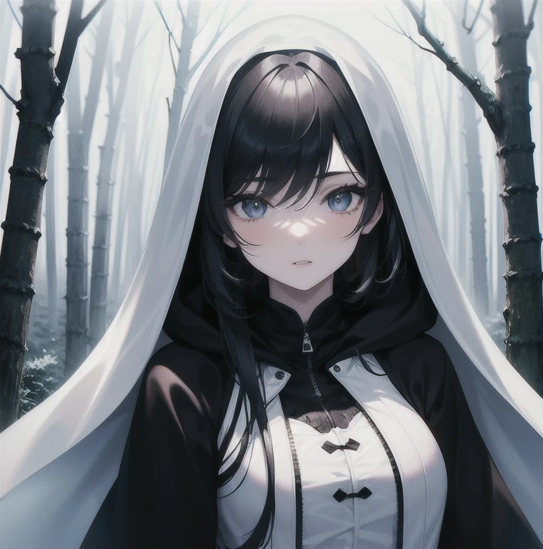 (Masterpiece, Best quality, ultra high resolution, splendid),1girl,dressed in black, hooded, beautiful and detailed face, detailed eyes,(In a white forest, white trees, white ground),forest