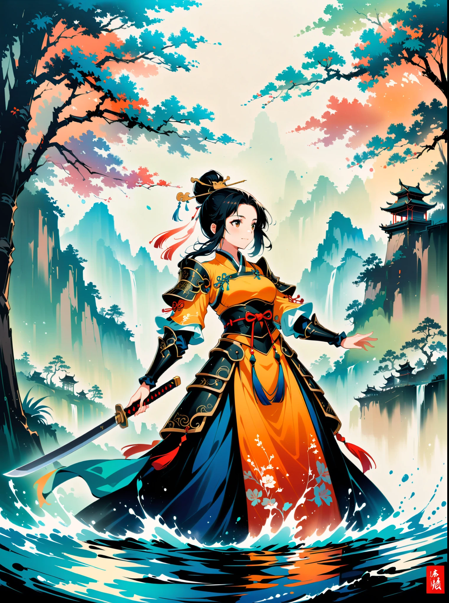 Ink painting，Female knight on the water，Wearing exquisite Chinese Tang Dynasty Ming Guang armor，A bamboo forest behind，sword，landscape，Ultra HD resolution，Freehand style，majestic，Natural light，Knight Focus