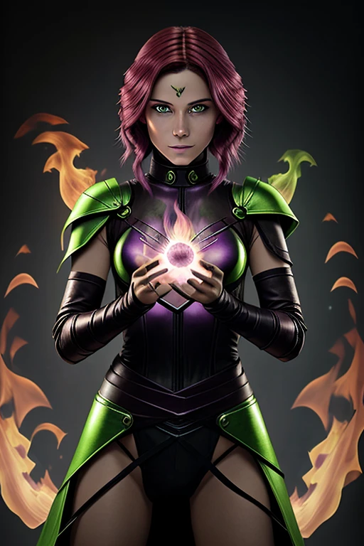 Latin mage girl with magenta hair green eyes wearing greenish light armor manipulating fire in her hands over the void