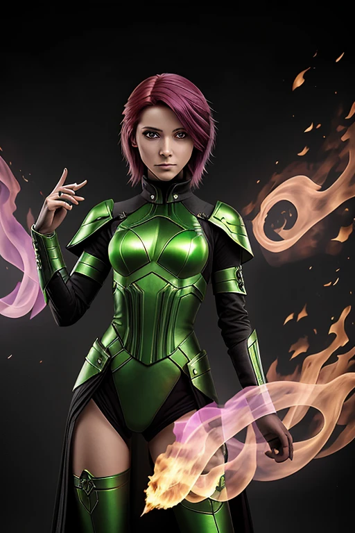 Latin mage girl with magenta hair green eyes wearing greenish light armor manipulating fire in her hands over the void