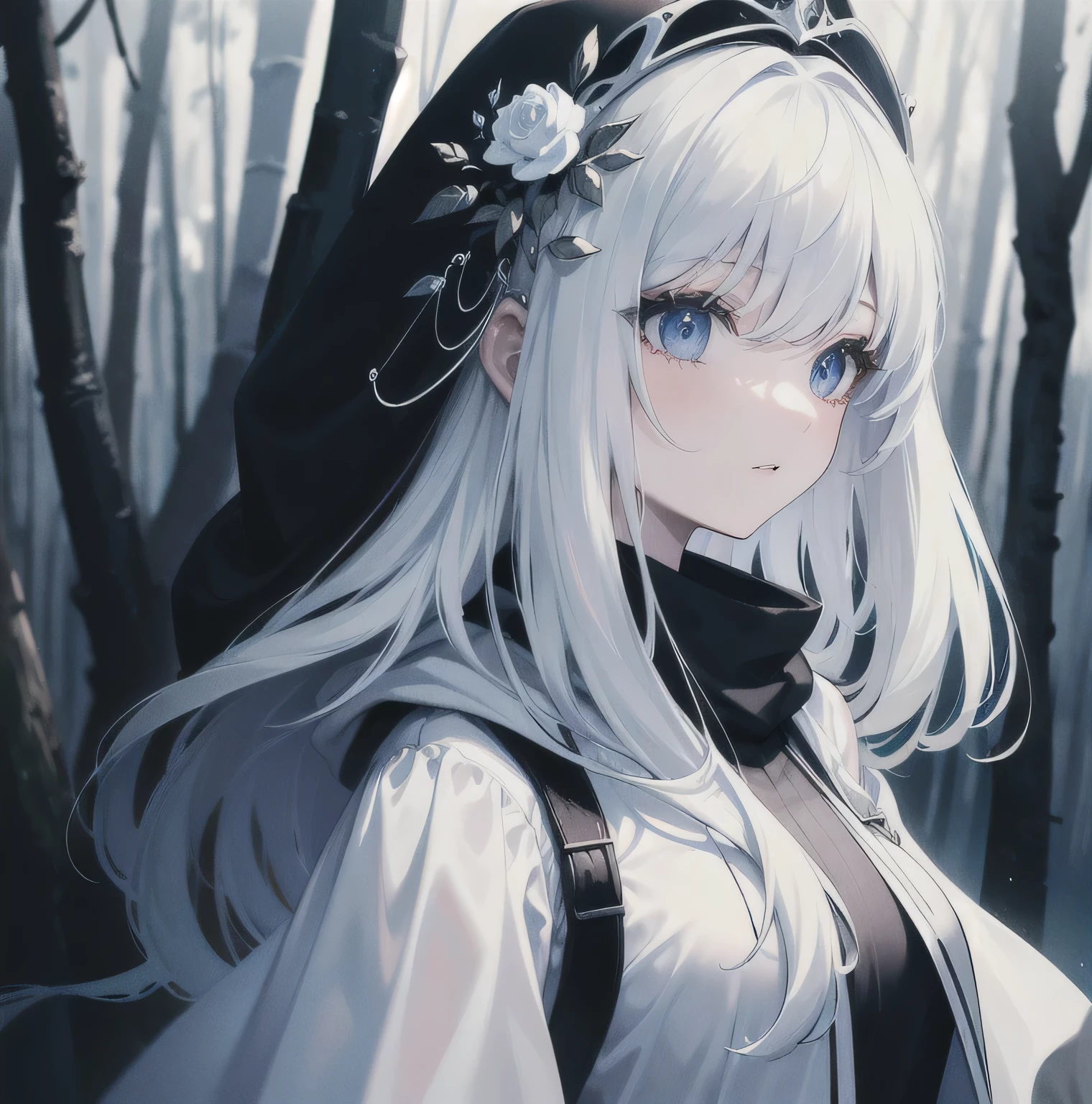 (Masterpiece, Best quality, ultra high resolution, splendid),1girl,dressed in black, hooded, beautiful and detailed face, detailed eyes,(In a white forest, white trees, white ground),forest