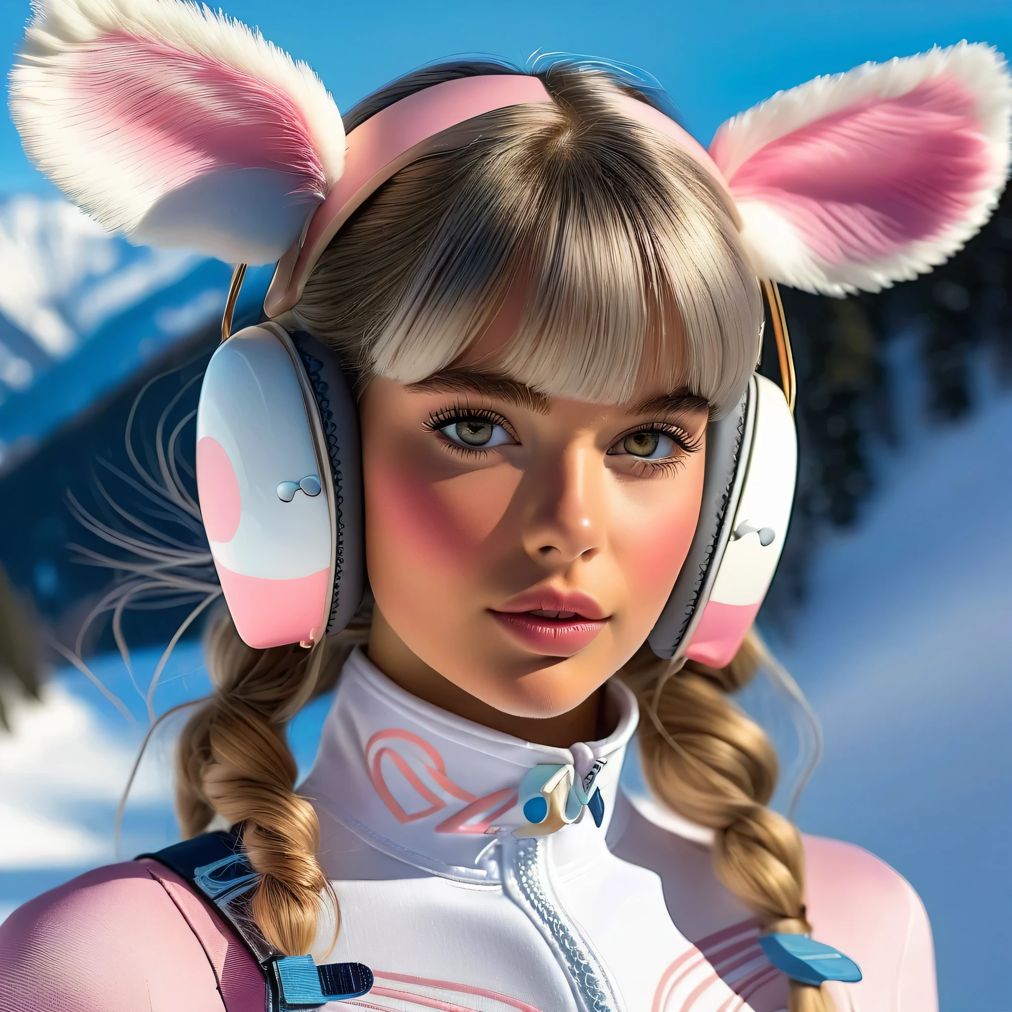 style de ski, 1fille, seulement, Cheveux roses, oreilles d&#39;animaux, yeux bleus, ailes, regarder le spectateur, taupe, frange, cheveux courts, arc, col marin, fond simple, white col marin, taupe under mouth, hair arc, pink arc, Closed mouth, chemise, white chemise, Oreilles d&#39;ours, square cut, mini ailes, fond gris, Portrait, detached ailes, se maquiller, haut du corps, fond blanc