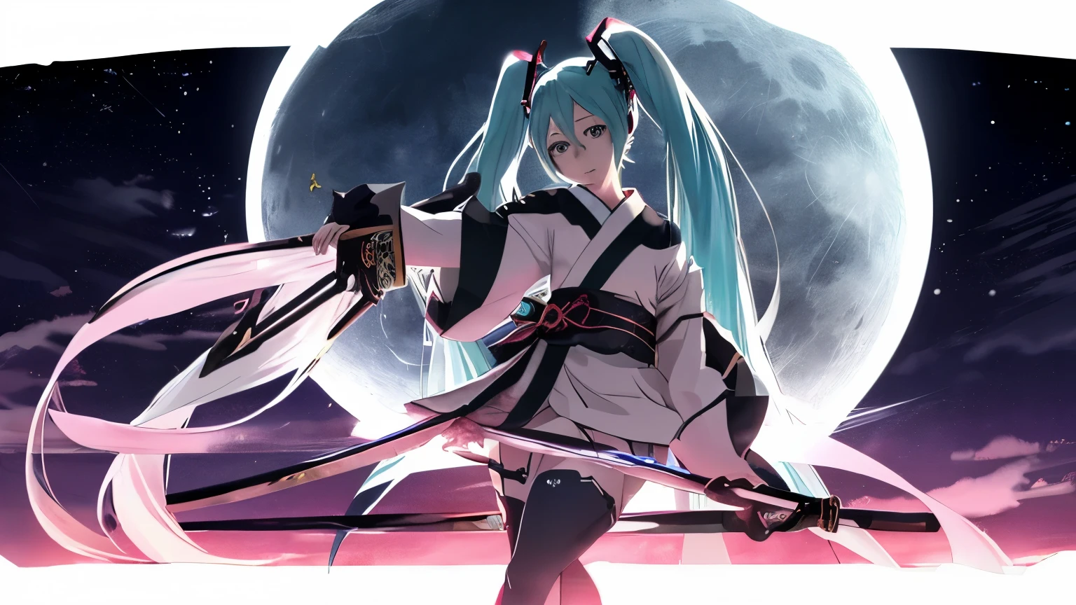 Hatsune Miku, Japan, warrior, bad, Nightcore, kimono, Attention Hands, Olhos Exaltados, sword, Notable developments, High Bed Pose, anime, girl,night sky,Star of the sky,full moon,masterpiece,highest quality