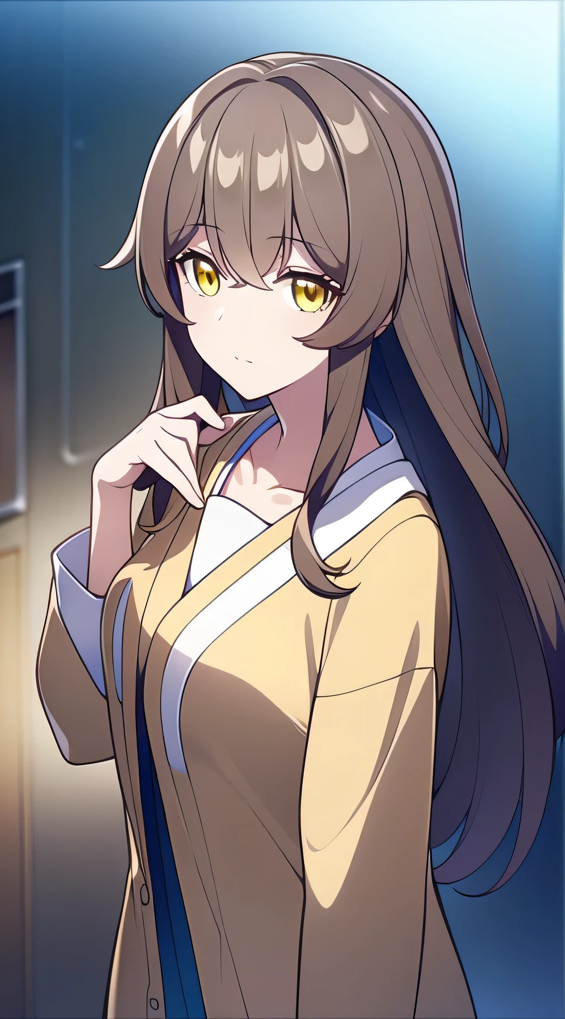 otonari-san, brown hair, long hair, yellow eyes, small breast, laboratory coat, standing, cute smile, visual novel cg style, BREAK looking at viewer, BREAK (masterpiece:1.2), best quality, high resolution, unity' 8k wallpaper, (illustration:0.8), (beautiful detailed eyes:1.6), extremely detailed face, perfect lighting, extremely detailed CG, (perfect hands, perfect anatomy)