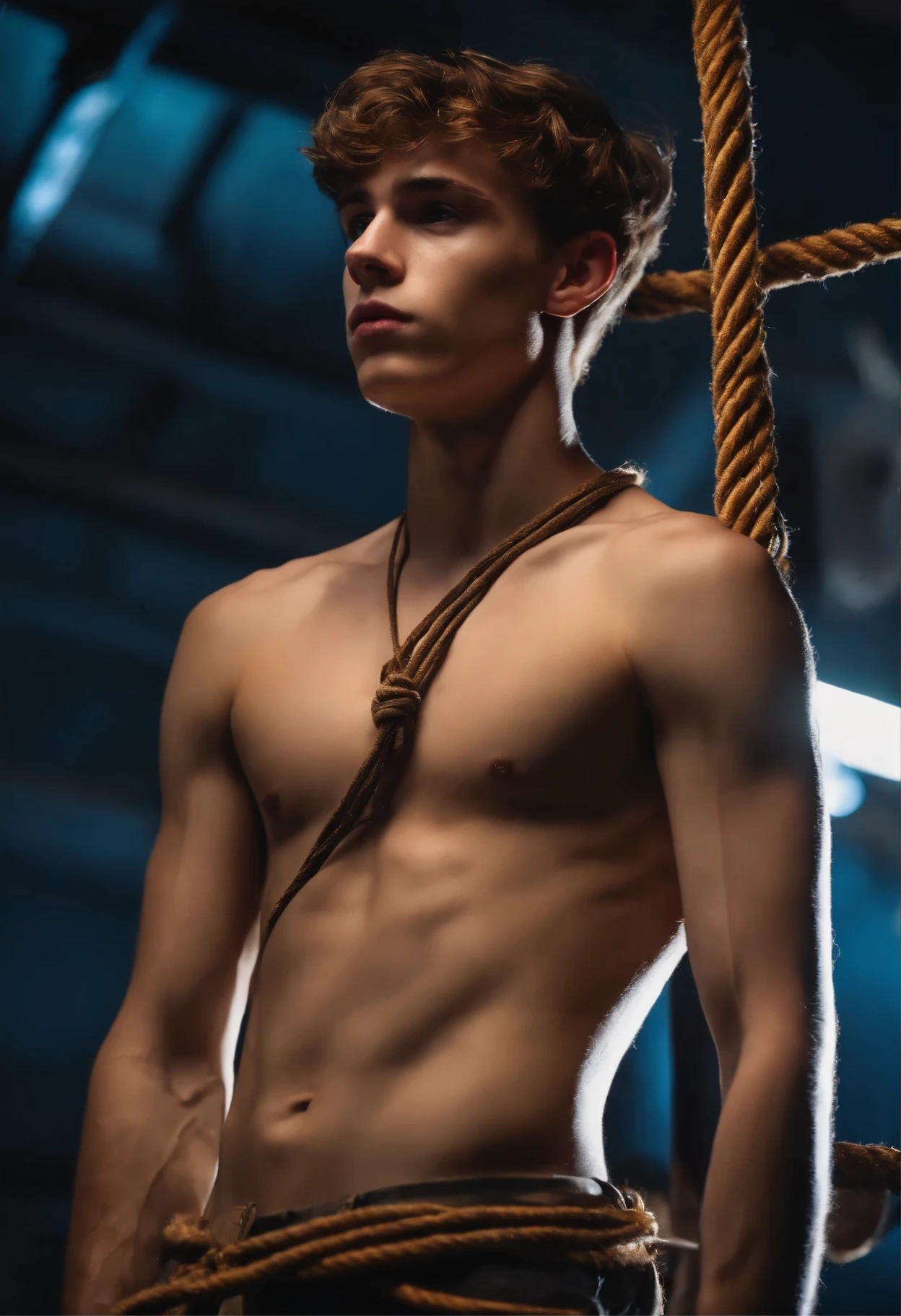 Shirtless 18 yo slim twink wearing t-back, tangled up completely with ropes to a pole