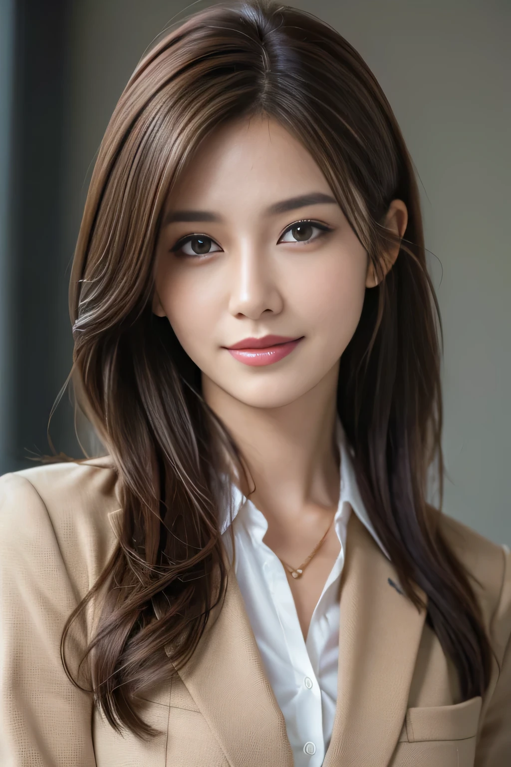 table top, highest quality, realistic, Super detailed, finely, High resolution, 8k wallpaper, 1 beautiful woman,, light brown messy hair, wearing a business suit, sharp focus, perfect dynamic composition, finely beautiful eyes, thin hair, Detailed and realistic skin texture, smile, close-up portrait, model body shape