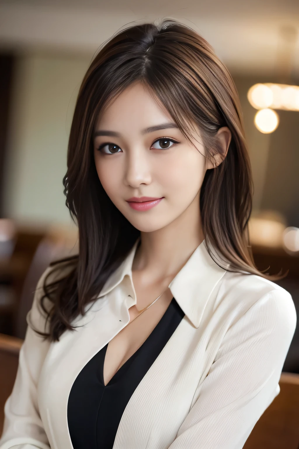 A close up of a woman in a white shirt and black top - SeaArt AI