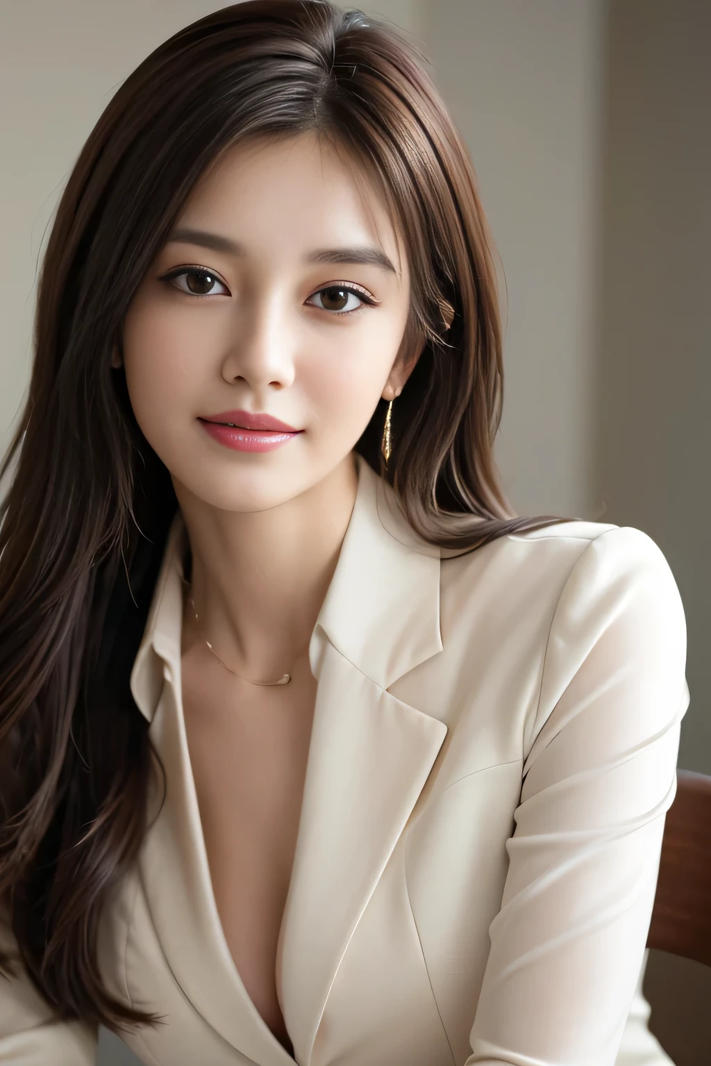 table top, highest quality, realistic, Super detailed, finely, High resolution, 8k wallpaper, 1 beautiful woman,, light brown messy hair, wearing a business suit, sharp focus, perfect dynamic composition, finely beautiful eyes, thin hair, Detailed and realistic skin texture, smile, close-up portrait, model body shape