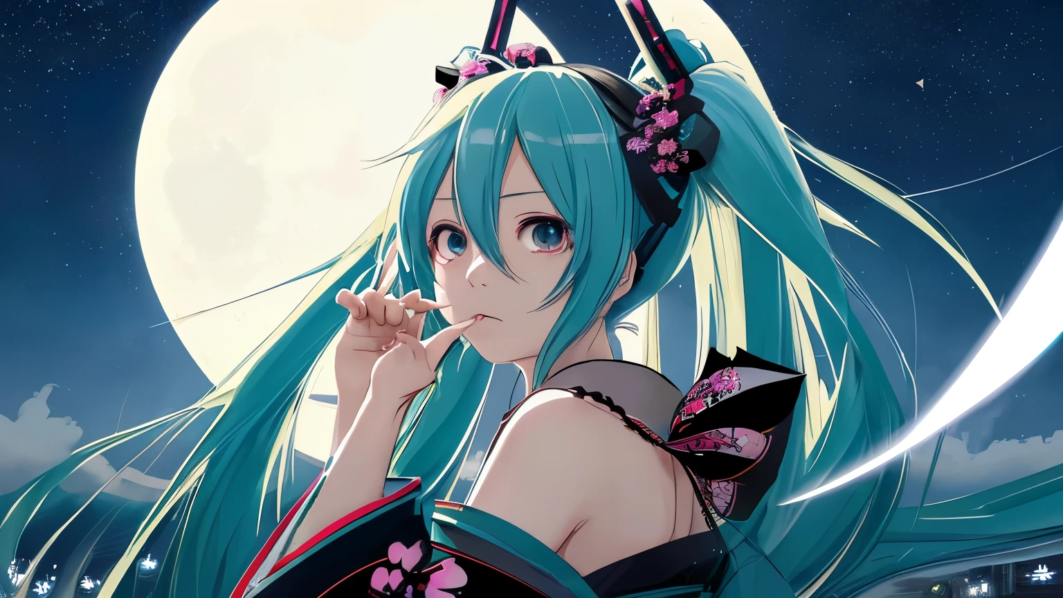 Hatsune Miku, Japan, warrior, bad, Nightcore, kimono, Attention Hands, Olhos Exaltados, sword, Notable developments, High Bed Pose, anime, girl,night sky,Star of the sky,full moon,masterpiece,highest quality