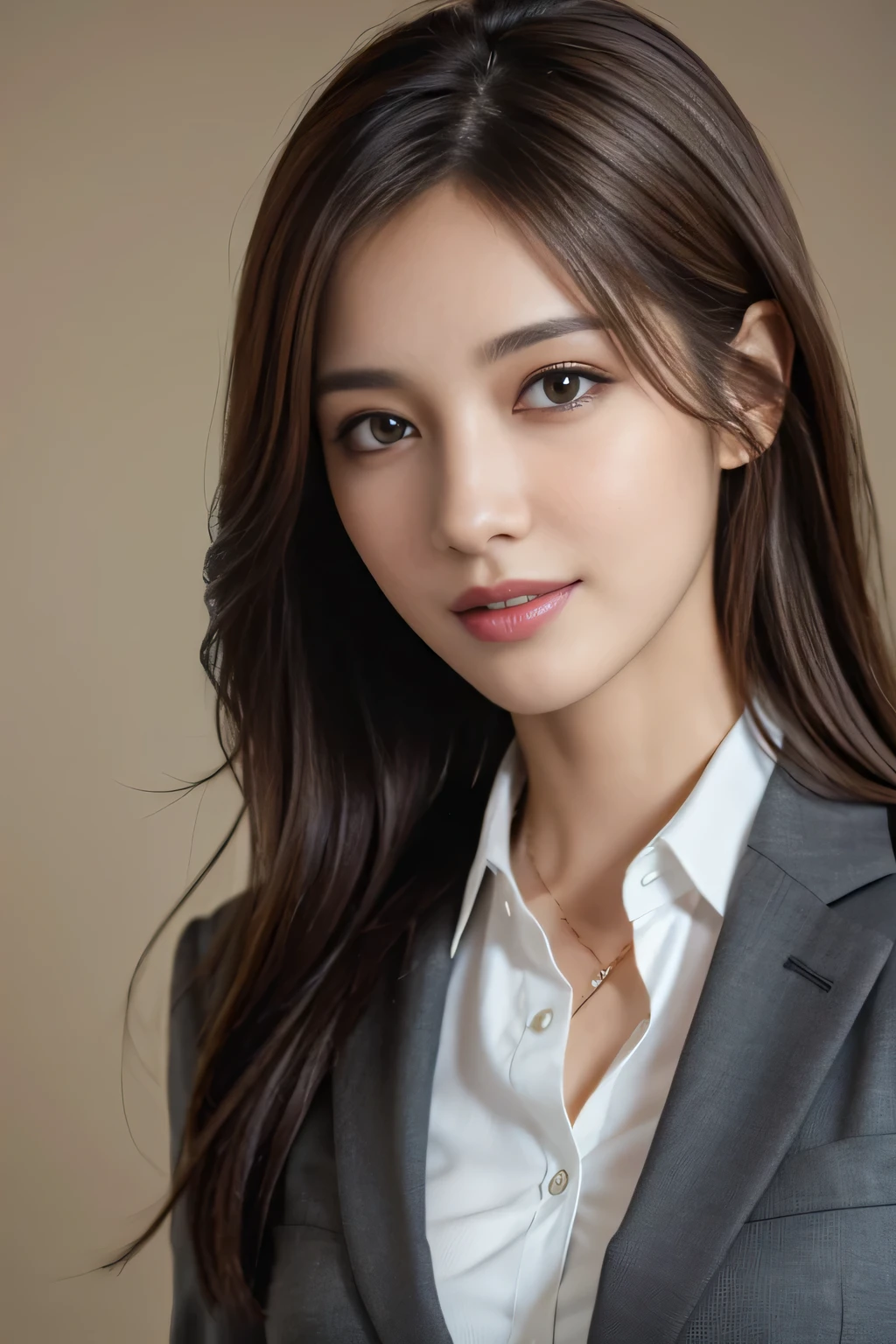 table top, highest quality, realistic, Super detailed, finely, High resolution, 8k wallpaper, 1 beautiful woman,, light brown messy hair, wearing a business suit, sharp focus, perfect dynamic composition, finely beautiful eyes, thin hair, Detailed and realistic skin texture, smile, close-up portrait, model body shape