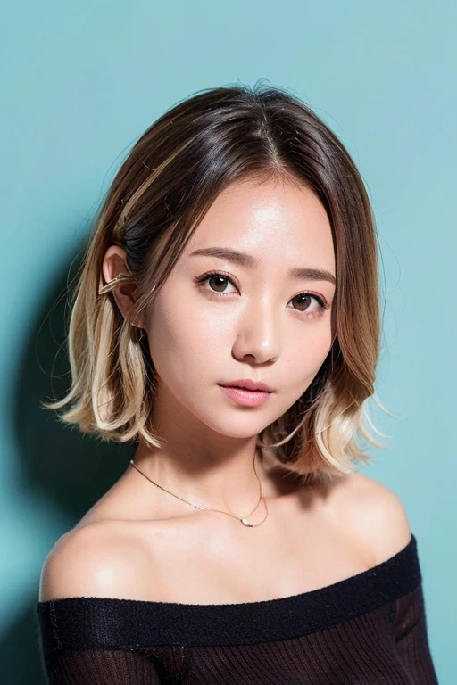 Beautiful Japanese woman、1 person,very pretty and slim、outstanding style 、((8K image、super high quality))、very delicate face, skin and hair、short hair、straggling hair,(((((gradient hair、blonde))))),Very cute Japanese cut face、Eyes and nose are clearly visible、kind eyes,(((off shoulder sweater、simple background、looking at the viewer)))、full body shot