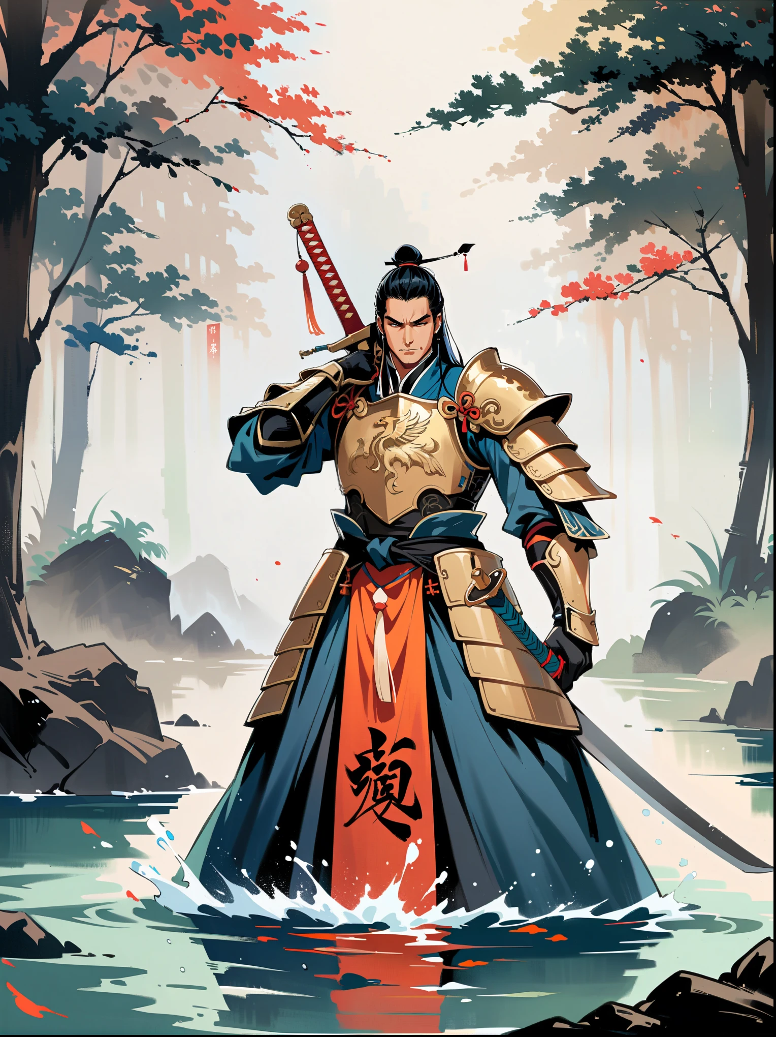 Ink painting,Male knight on the water,Wearing exquisite Chinese Tang Dynasty Ming Guang armor,A bamboo forest behind,sword,landscape,Ultra HD resolution,Freehand style,majestic,Natural light,Knight Focus