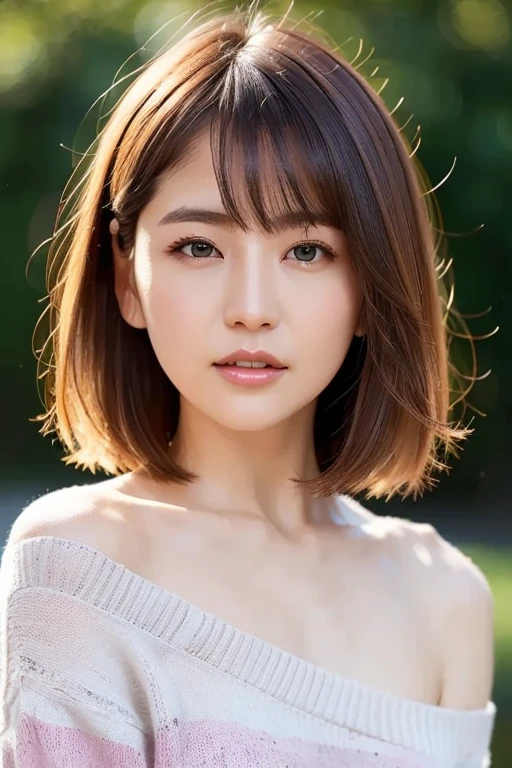 beautiful japanese woman、1 person,very pretty and slim、outstanding style 、((8K image、super high quality))、very delicate face, skin and hair、short hair、straggling hair,(((((gradient hair、blonde))))),Very cute Japanese cut face、Eyes and nose are clearly visible、kind eyes,(((off shoulder sweater、simple background、looking at the viewer)))、full body shot