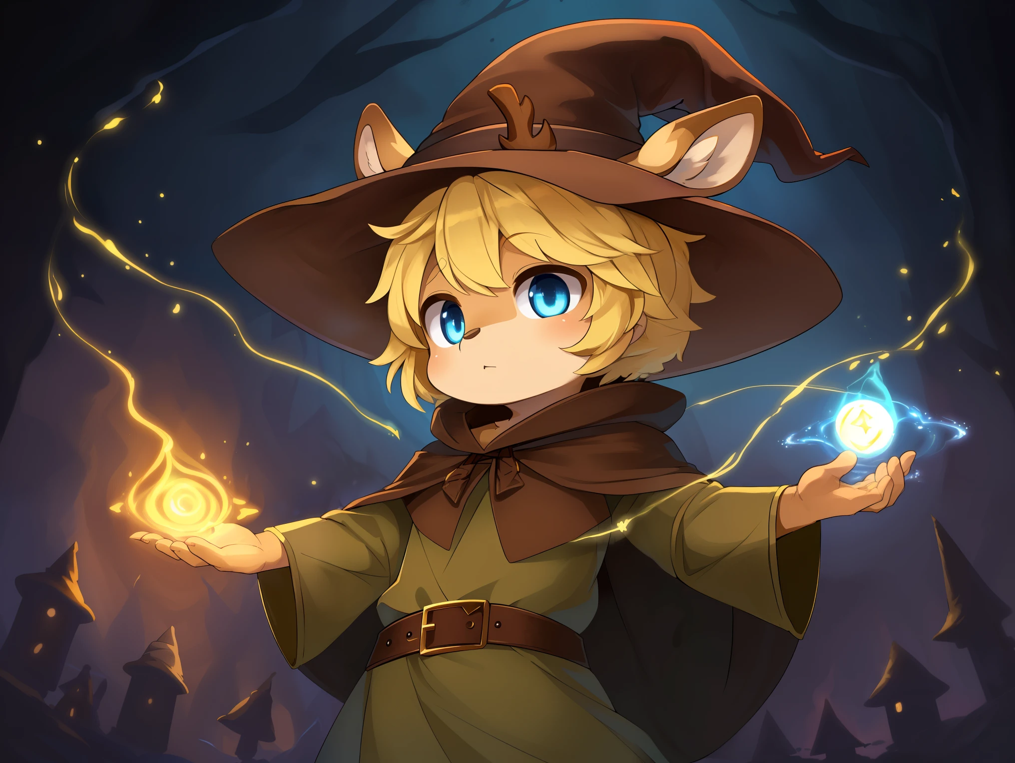 deer, solo, young, cub, chibi, (blue eyes), ((large witch hat)), ((brown hat)), ((brown cloak)), (long green tunic), (blonde hair), (short hair), short deer tail. ((light brown body)), (short brown antlers), short snout, ((((casting magic)))), magic, epic pose. dark dungeon background. Very good figure, cinematic lighting, volume lighting, masterpiece, best quality