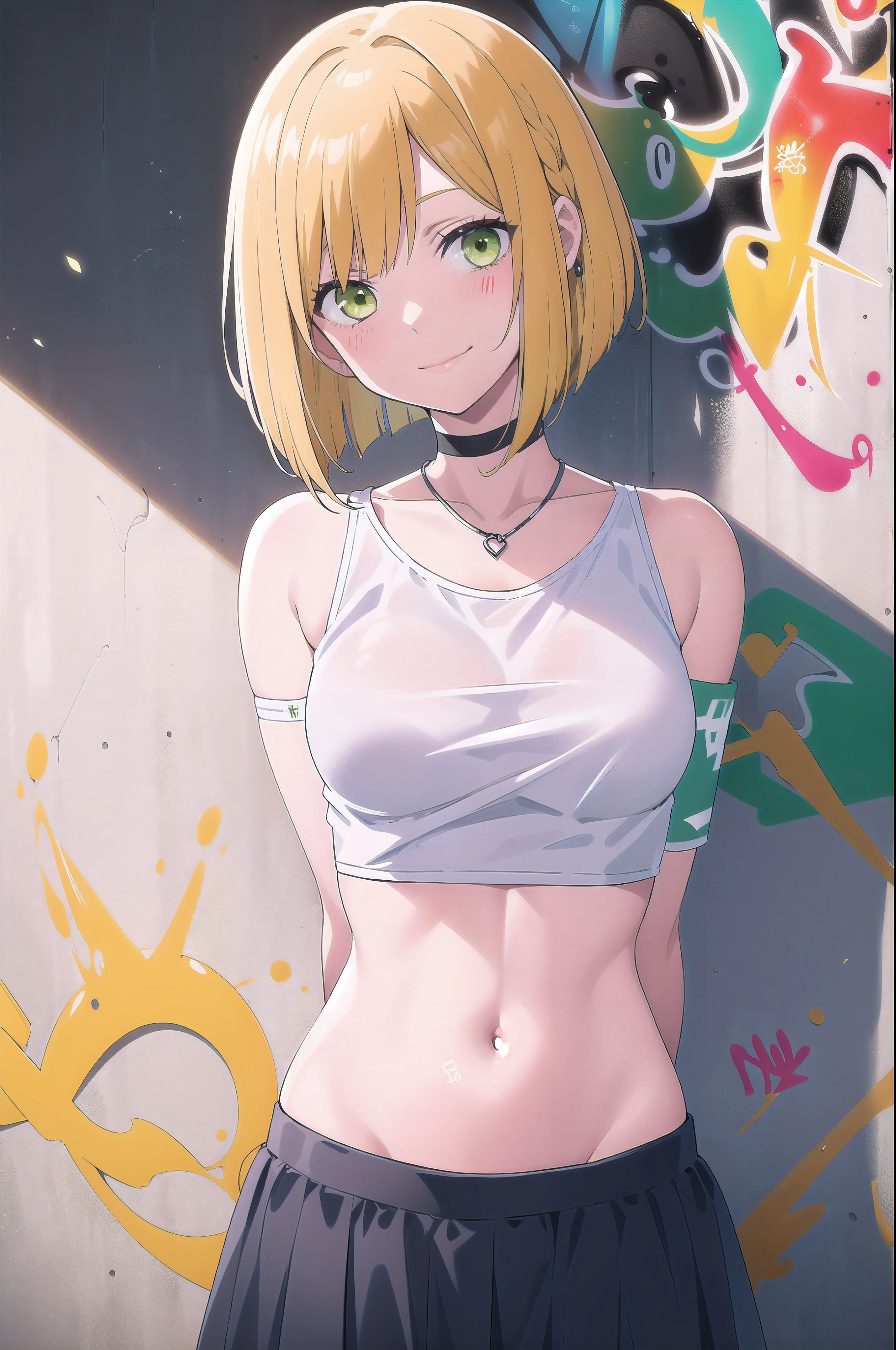 masterpiece, best quality, 1girl, solo, stylish crop top, smile, vibrant short yellow hair, bobhair, short-hair, short bob hair, (((bobcut))), bob haircut, very short bob cut, lip length hair, (sciled bob), buzzed nape ((haircut:1.3)), undercut, bobbed hair, minibob, sidecut, shaved, green eyes, graduation bob, straight short hair, short hair above the ears, Shot diagonally from the side, elegant braid, soft bangs, upper body, alluring choker, (graffiti:1.5), artistic paint splatter, seductive arms behind back, leaning against wall, exposed back, fashionable armband, urban hiphop style, flirty skirt, playful head tilt, intense expression, warm orange, dynamic asymmetrical design, bold geometric shapes, creative street art