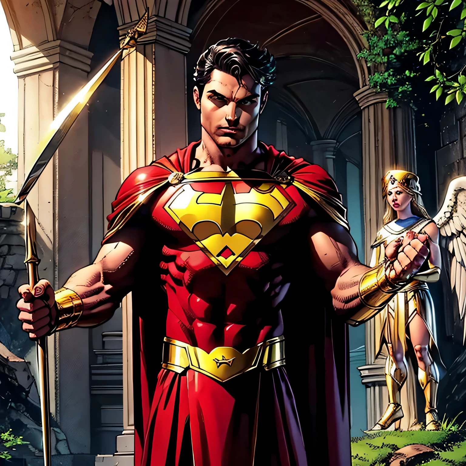 Super heroi, masculino, da selva, com poderes angelicais e parecido a um deus, Holding a spear. Super detalhado, high resolution.