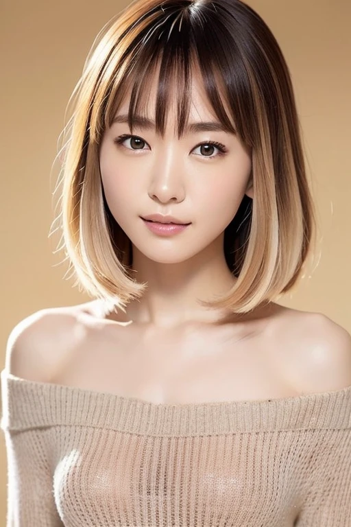 beautiful japanese woman、1 person,very pretty and slim、outstanding style 、((8K image、super high quality))、very delicate face, skin and hair、short hair、straggling hair,(((((gradient hair、blonde))))),Very cute Japanese cut face、Eyes and nose are clearly visible、kind eyes,(((off shoulder sweater、simple background、looking at the viewer)))、full body shot