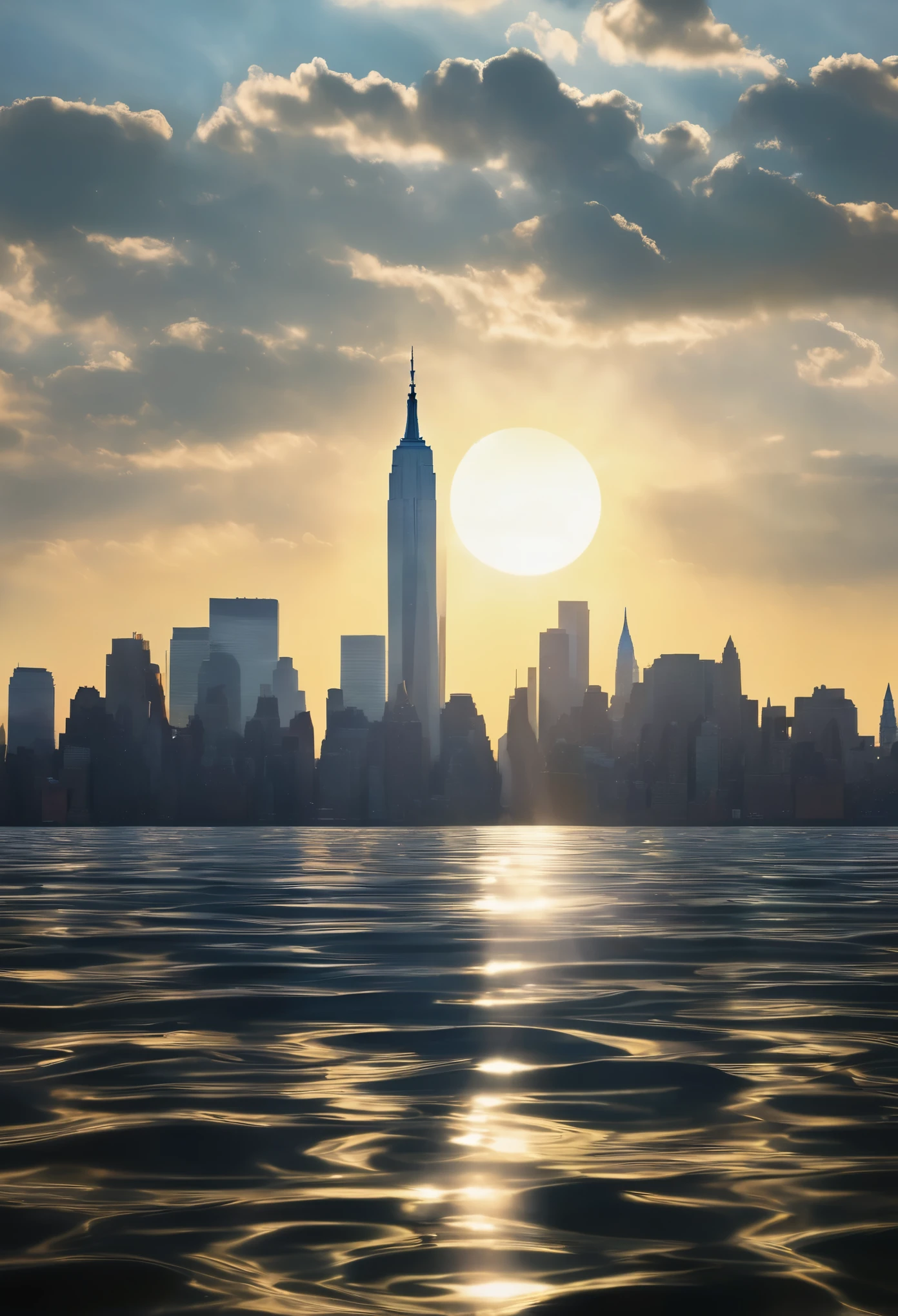 new york city skyline，Morning sun rays，Magritte&#39;s style