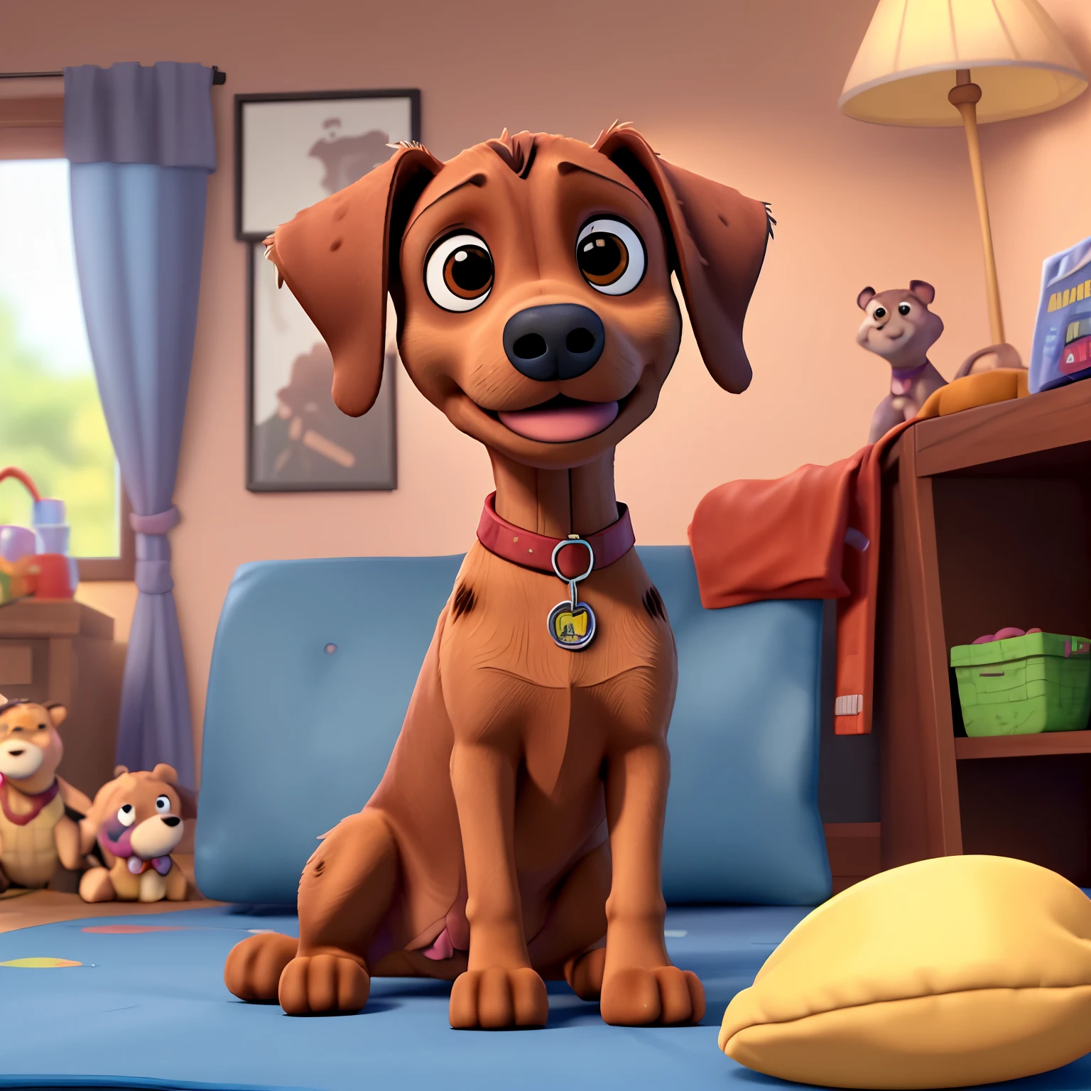 A brown pinscher dog called Tayson sleeping on the sofa and watching Toy Story
