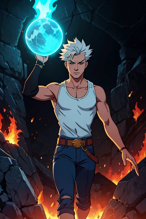 Dabi is a reasonably tall, pale young man of slim shape but somewhat muscular build, described as in his early twenties. He has white hair with a few red flecks at its crown that spikes upward around his head, hanging low over his eyes, which are thin, turquoise, and heavily lidded. Dabi's hair was dyed black before revealing his true identity.
His most striking features are undoubtedly the patches of gnarled, wrinkled, purple skin that cover much of his lower face and neck, all the way down past his collarbone, below his eyes, around his torso, and on his arms and legs due to him losing control of his fire Quirk at age 13, engulfing him in flames. These appear to be attached to the rest of his skin by multiple crude surgical staples or hoop piercings.
He has several silver cartilage piercings in both ears and a triple nostril piercing on the right side of his nose. Upon closer inspection, he also lacks earlobes on both sides of his ears. In his first appearance, he wears a dark blue jacket with a high, ripped collar, matching pants cut off above his ankles, and a pair of dark dress shoes on his feet. He also has a plain pale gray, scoop-neck shirt, below which a gray belt with a circular pattern wraps around his waist, a leather satchel attached at the back.