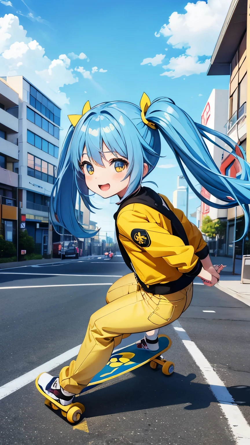 Cute chibi anime characters having fun on skateboard bright smile light blue long hair Twin tails, jeans and a yellow and black blouson In the city under the blue sky anime style 4k, Dynamic mode、
