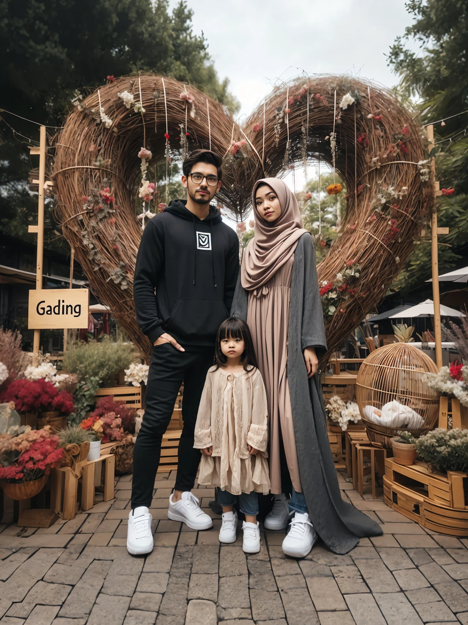 there is a man and woman standing next to a , fullbody or portrait, an indonesian family portrait, happy family, perfect android girl family, inspired by Shaddy Safadi, casual modern clothing, of a family standing in a park, full protrait, full body photogenic shot, casual clothing style, realism art, lovely couple, inspired by Ismail Acar, couple