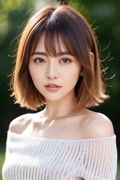 beautiful japanese woman、1 person,very pretty and slim、outstanding style 、((8K image、super high quality))、very delicate face, skin and hair、short hair、straggling hair,(((((gradient hair、blonde))))),Very cute Japanese cut face、Eyes and nose are clearly visible、kind eyes,(((off shoulder sweater、simple background、looking at the viewer)))、full body shot
