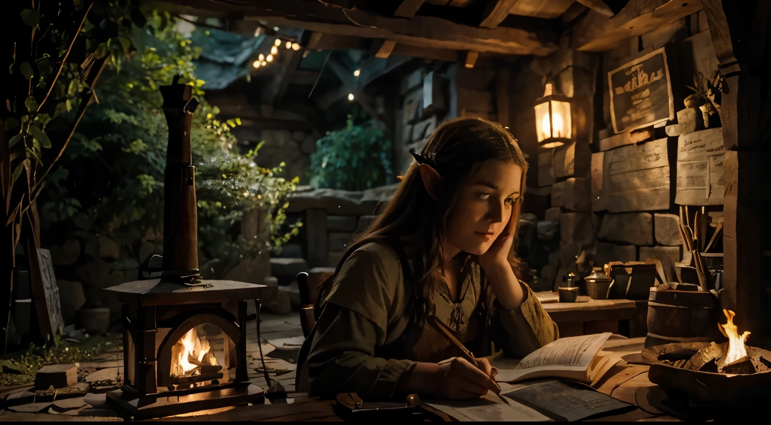 hobbit tavern, a pretty hobbit medieval elf girl writting in a old paper, fireplce back ( do the face more detailed )
