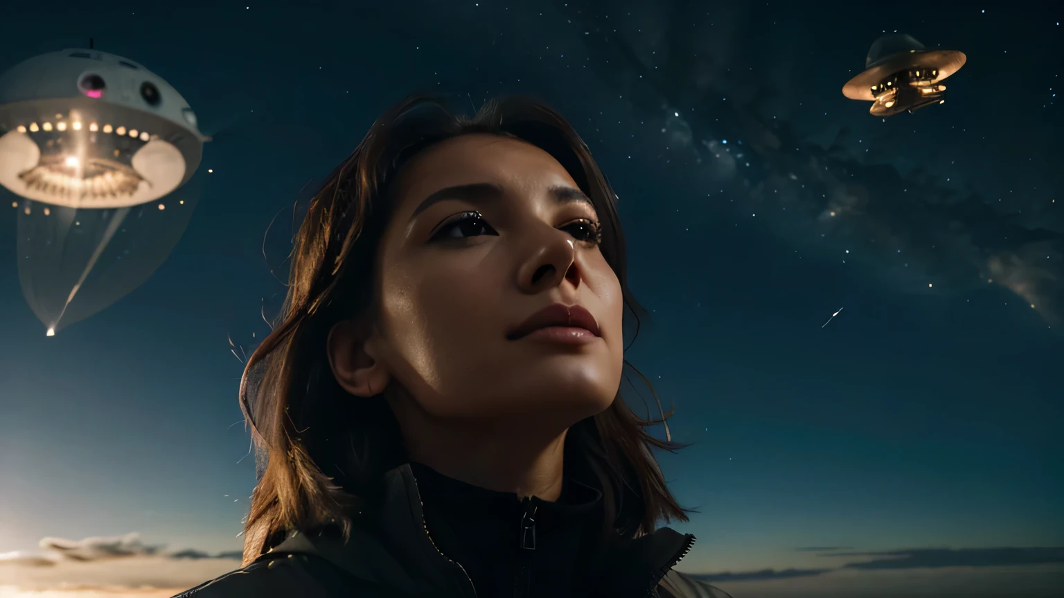 a woman looking up at a UFO fly across the sky