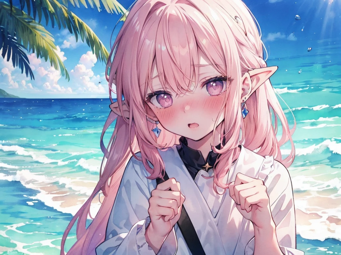 super detailed, highest quality, High resolution, ((8K)), ((youngest son:1.4)), pale skin, Watery eye((pointed ears)), (blush:1.5), (embarrassing:1.5), ((watercolor)), upward glance, open your mouth,