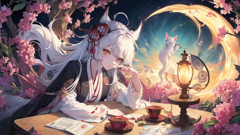 (table top, highest qualityの, highest quality, official art, beautiful and aesthetic:1.2), (1 girl:1.3), (fractal art:1.3),bill、Ghost Fire、Mononoke、Similarly、Apparition、Taoism、Yin Yang Dao、astrology、curse、white fox mask、Okame Mask、Hannya mask、occult、metaplasia、nine tailed fox、amulet、bill、Sealed bills、pentagram