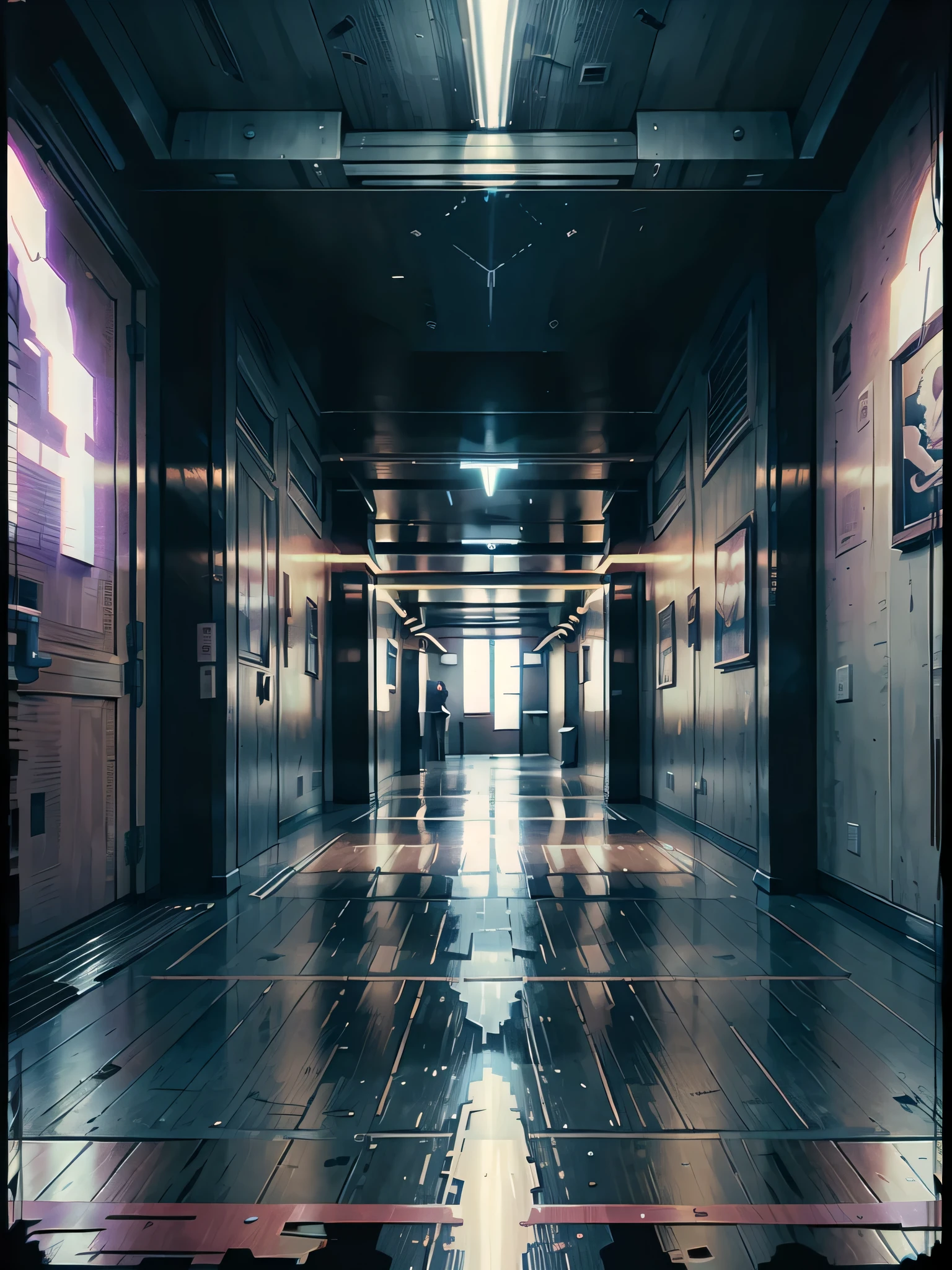 there is a picture of a hallway with a door and a bench, va-11 hall-a, long dark hallway, liminal space hallway, mirrors edge art style, interior background art, low detailed. digital painting, anime background art, style of madhouse studio anime, infinite hallway, an empty hallway, anime scenery concept art, spaceship hallway background