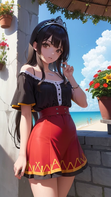 (obra maestra, Mejor calidad, alta calidad, high resolution: 1.4), detallado, extremely detallado, soft ambient lighting, 4k, florido, interno, (renacimiento, cultivo: 1.4), plantas, ventana, 1gril, Megumin (suelo: 1.4), ( Megumin: 1.2), de pie, cuerpo completo, (centrarse en los senos: 1.2), (Extremely detallado hair: 1.2), Dark brown hair, Cabello hasta los hombros, cerraduras largas, franja, (ingesta de cabello, cola de caballo alta:  1.4), expression, rojos, emotion the flower of the skin, (ojos rojos, brillante, lujuria, sexual tension, mirando al espectador: 1.2), con curvas, pechos enormes, skin teething, (Pechos Explosivos: 1.2), (Tiara: 1.2), corona, (escote, sin tirantes, vestido rojo, vestido con volantes, falda larga, Buffalo Skirt, Buffalo mango, manga julieta, manga larga: 1.2), joyas, Totalmente sexy, Liguero, medias negras