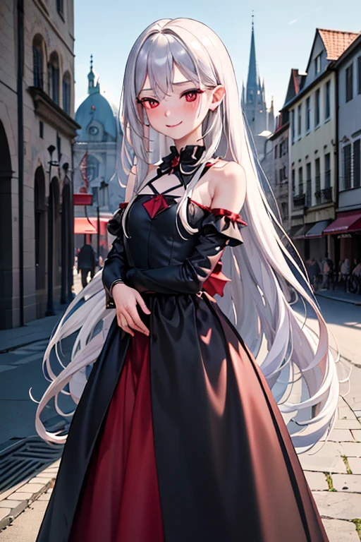 (best quality:1.1), (masterpiece:1.4), (absurdres:1.0),  
1girl, long_hair, very long hair, elegant silver hair, (flat chest), red eyes, black dress, looking at viewer, outdoors, (blush:1.2), medieval city, smile, young, slutty, deep red eyes, nighttime, revealing princess dress, nice hips,
