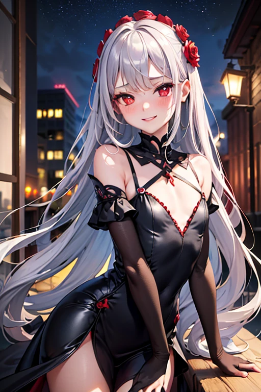 (best quality:1.1), (masterpiece:1.4), (absurdres:1.0),
1girl, long_hair, very long hair, elegant silver hair, (flat chest), red eyes, black dress, looking at viewer, outdoors, (blush:1.2), medieval city, smile, young, slutty, deep red eyes, nighttime, revealing princess dress, nice hips,