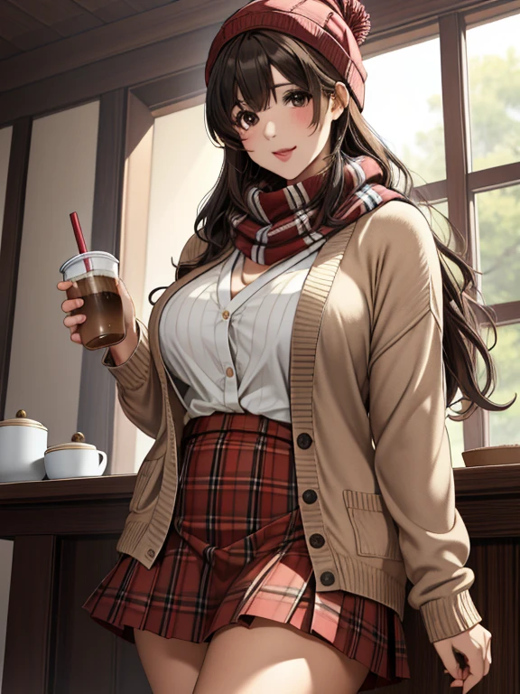 1 girl, 紅leaf, bangs, black hat, blurred background, blush, brown eyes, brown hair, brown scarf, brown skirt, cardigan, coffee, cowboy shot, cup, disposable cup, drink, 落ちleaf, Beanie hat, holding, holding drink, leaf, long hair, long sleeve, looking at the viewer, open cardigan, open your mouth, plaid, plaid skirt, puffy long sleeve, red sweater, scarf, shirt, shirt tucked in, side lock, skirt, smile, alone, sweater, white shirt, very detailed, Complex, masterpiece, disorganized